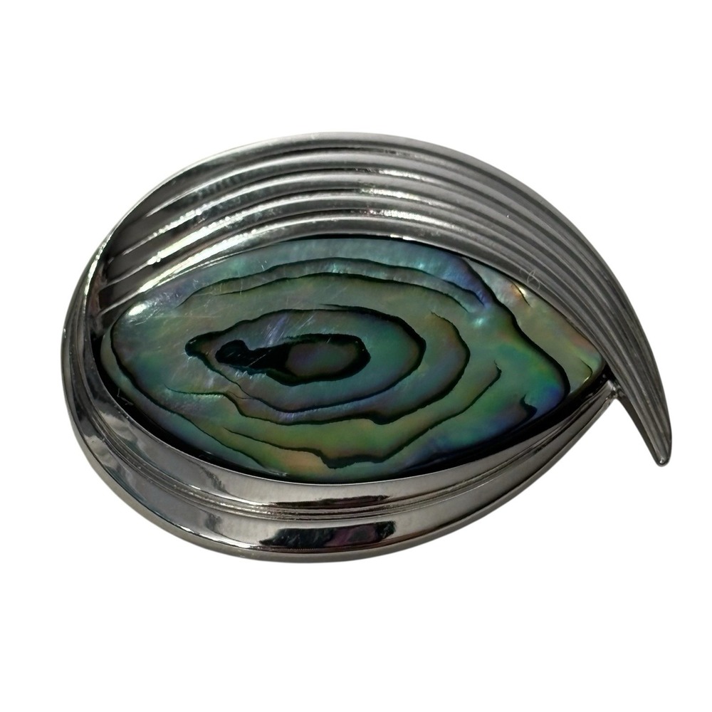 Genuine Paua Shell Brooch Pin Silver Tone Vintage Abstract Textured Ornate Retro